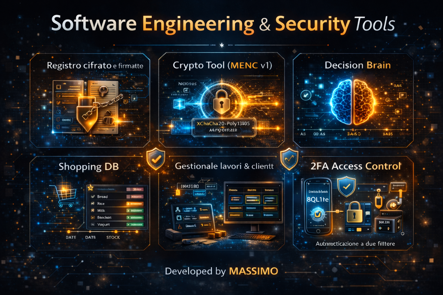 Software engineering tools sviluppati da Massimo Agostini:
crittografia, database, decision system, gestione clienti e 2FA security